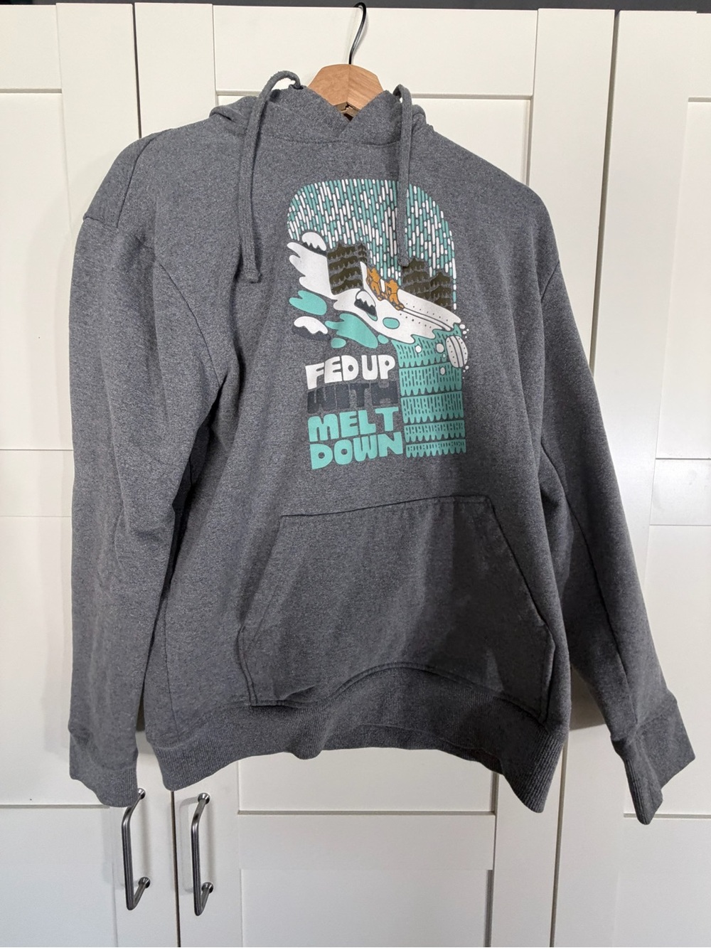 Patagonia Gray Hoodie with Teal & White Melt Down Graphic W